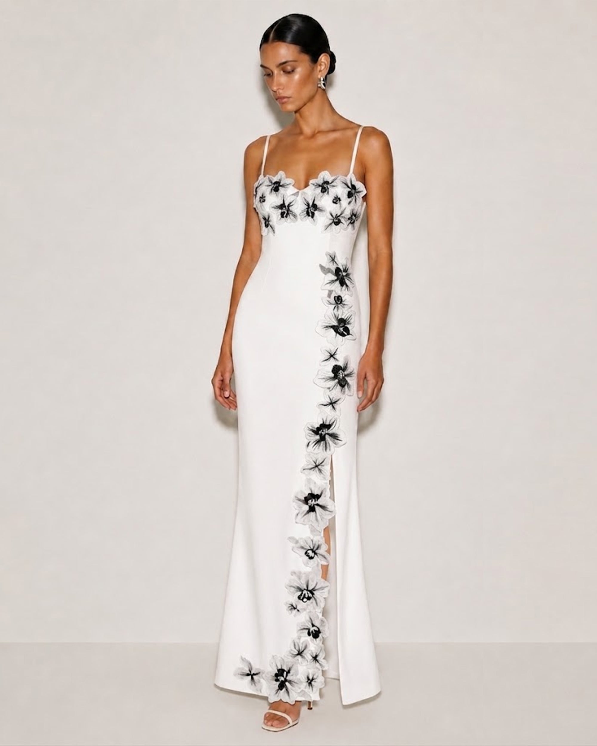 Flower Embroidered Spaghetti Strap Maxi Dress - White