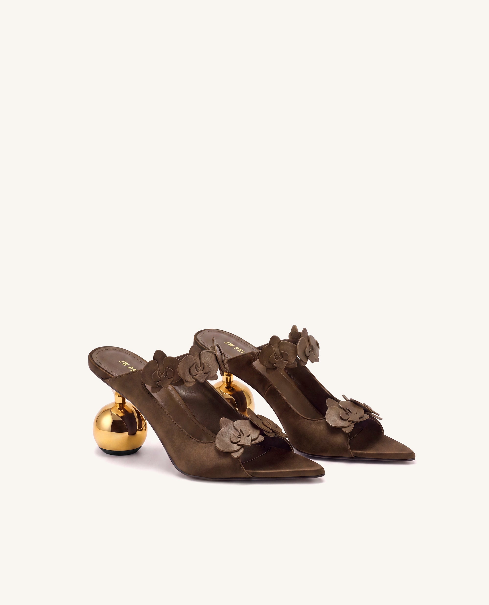 Rosalie Orchid Appliqué Sphere Heel Mules - Brown