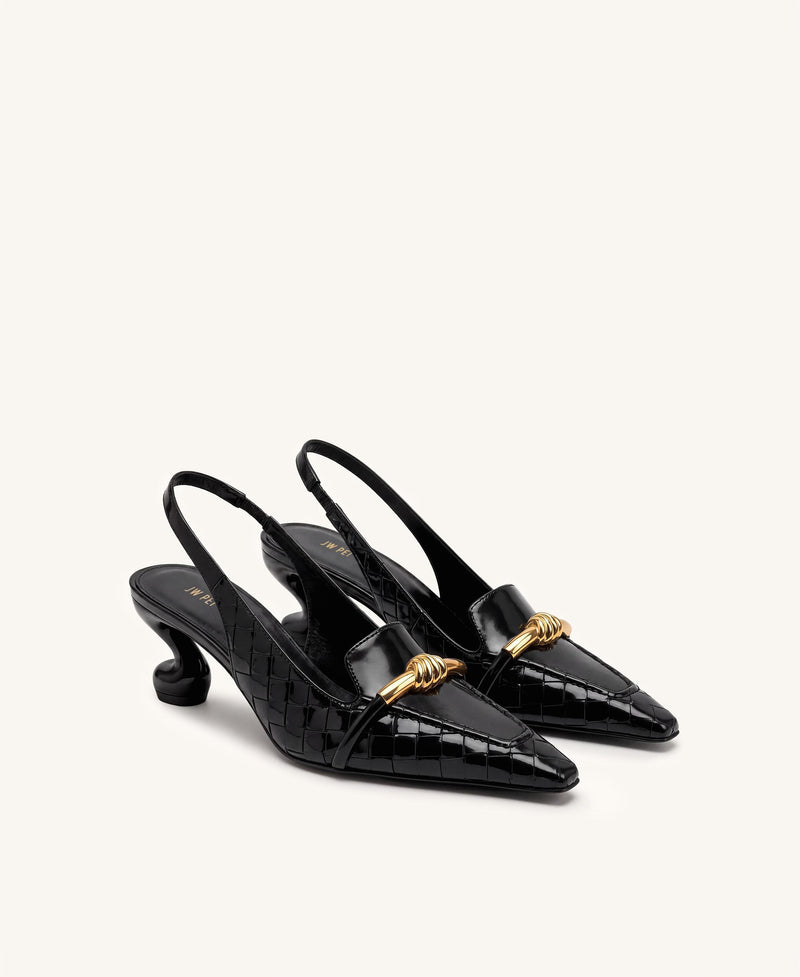 Lena Metal Rope Knot Woven Strap Slingback Pumps - Black