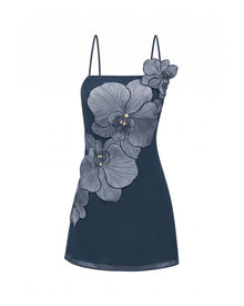 Orchid Appliqué Mini Dress - Dark Blue