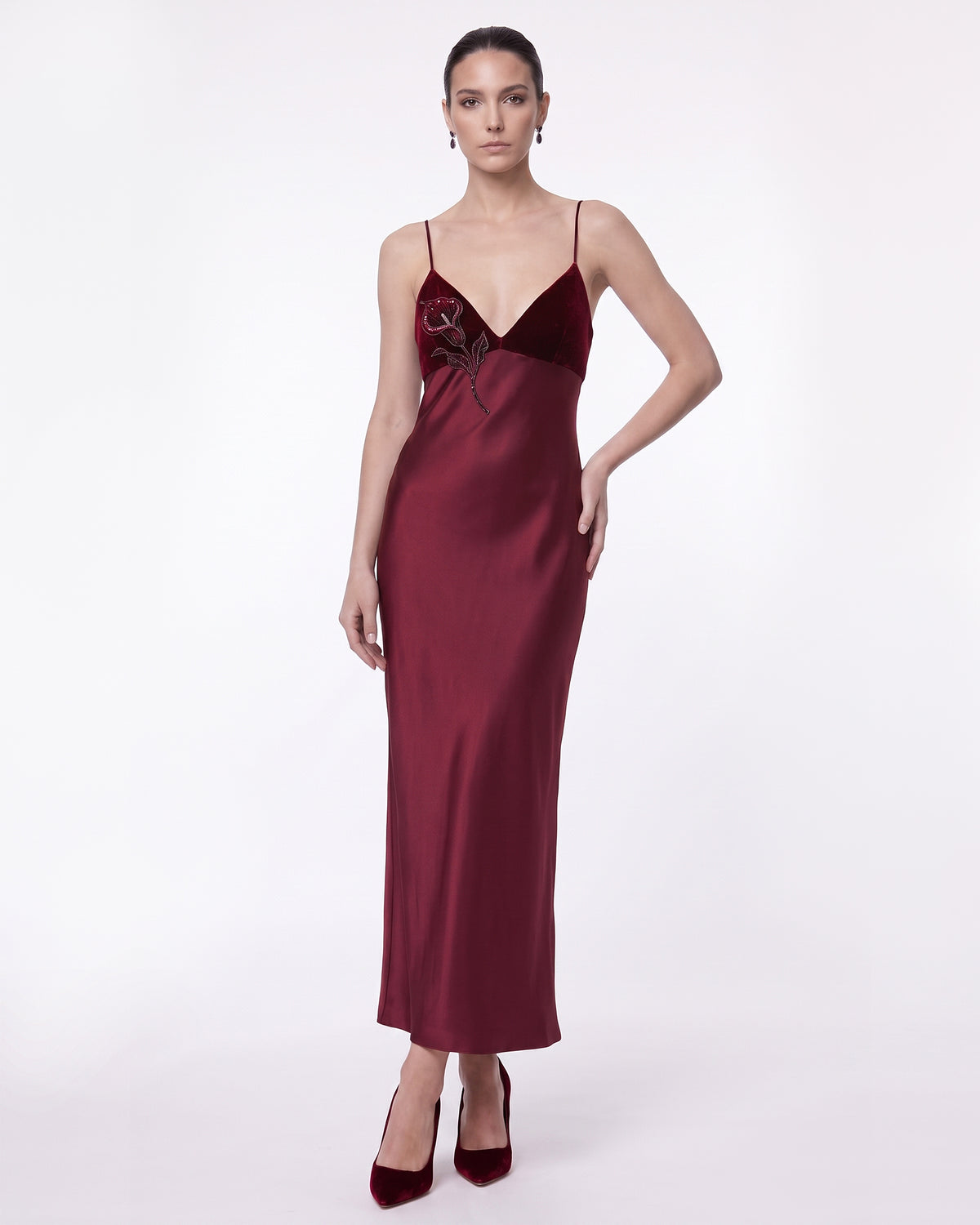 Floral Embellished Velvet-Trim Strappy Maxi Dress - Burgundy