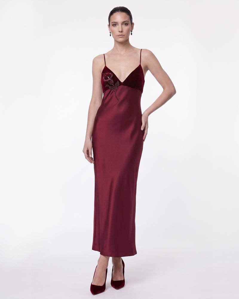 Floral Embellished Velvet-Trim Strappy Maxi Dress - Burgundy