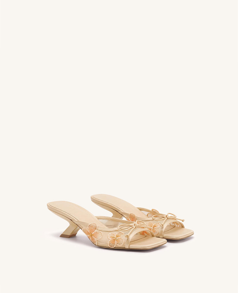 Mireille Bow Floral Embroidered Appliqué Mesh Heeled Sandals - Apricot