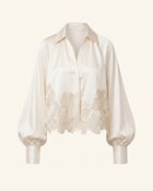 Satin Orchid-Embroidered Puff-Sleeve Shirt - Ivory