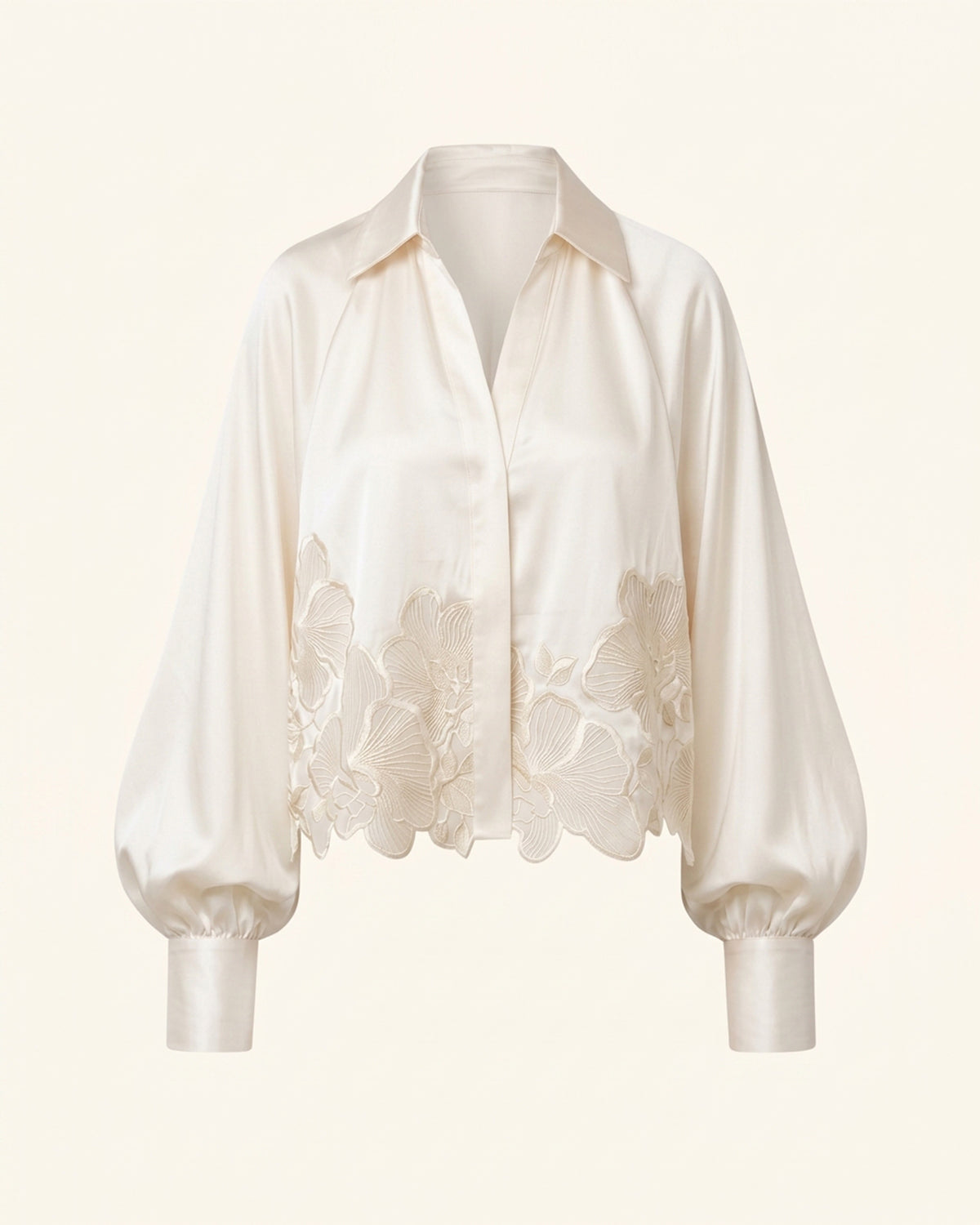 Satin Orchid-Embroidered Puff-Sleeve Shirt - Ivory