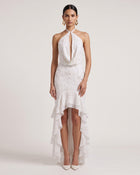 Orchid Beaded Embroidered Halter Cowl Neck High-Low Maxi Dress - White