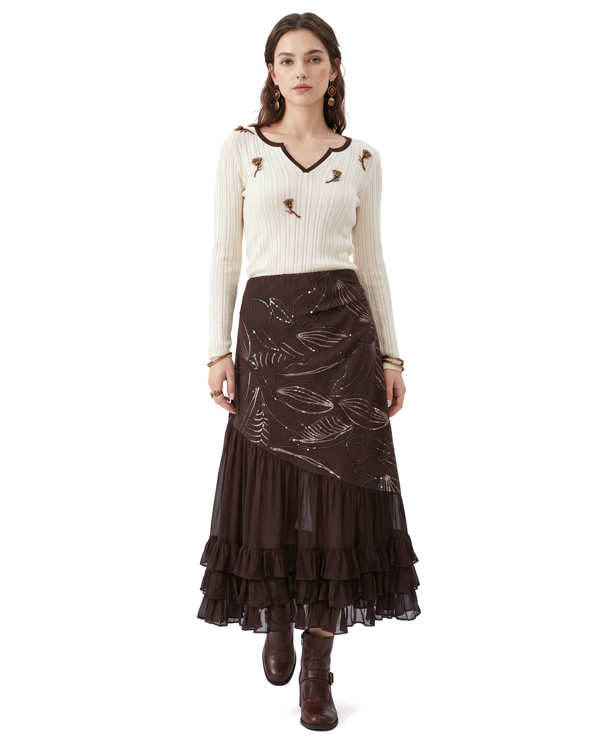 Floral Embroidered Notch-Neck Ribbed Sweater - Cream White