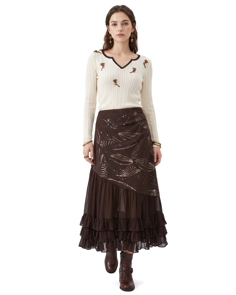 Floral Embroidered Notch-Neck Ribbed Sweater - Cream White