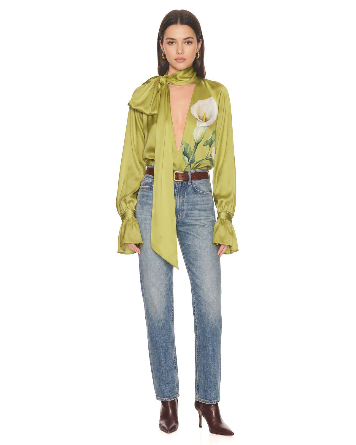 Calla Lily Printed Tie-Neck Silk Blouse - Lime Green