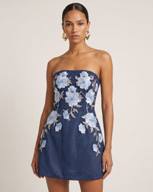 Floral Embroidered Strapless Corset Mini Dress - Dark Blue