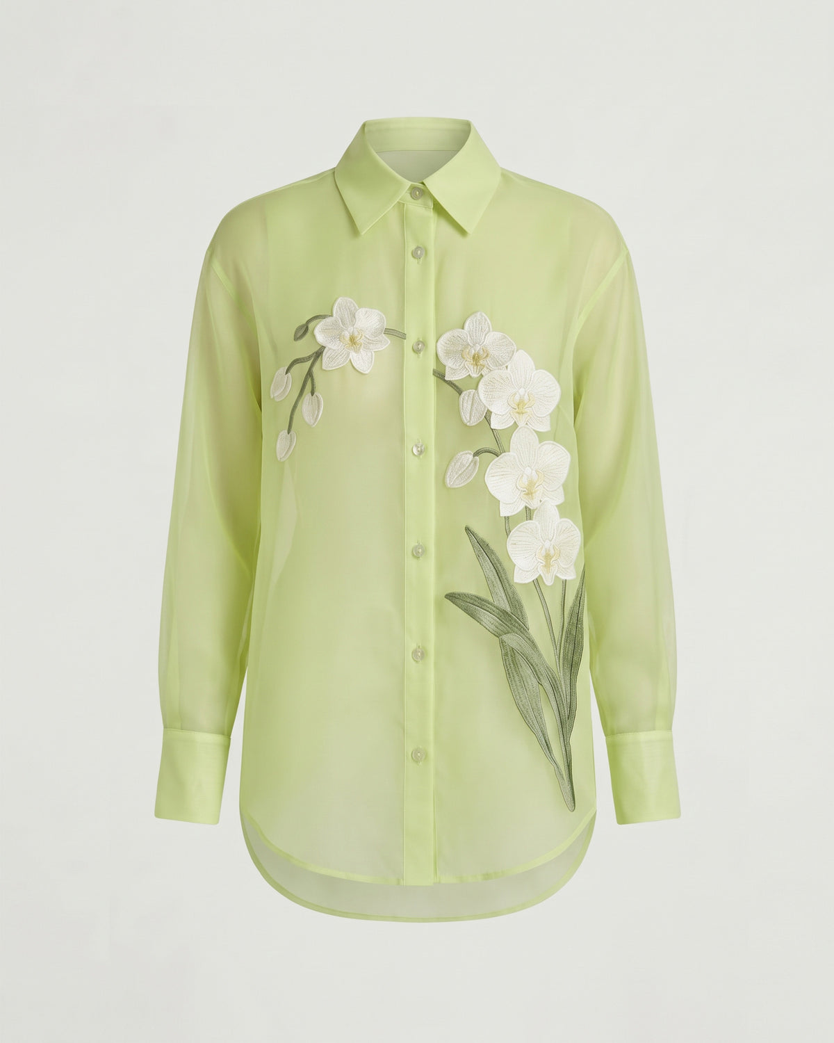 Orchid-Embroidered Sheer Button-Down Shirt - Lime Green