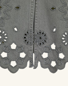 The Delicate Embroidered Cutout Denim Midi Skirt - Washed Sage