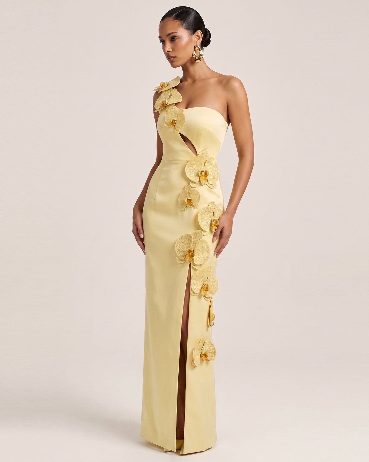 Orchid Embellished Cutout Slit Maxi Dress - Light Yellow