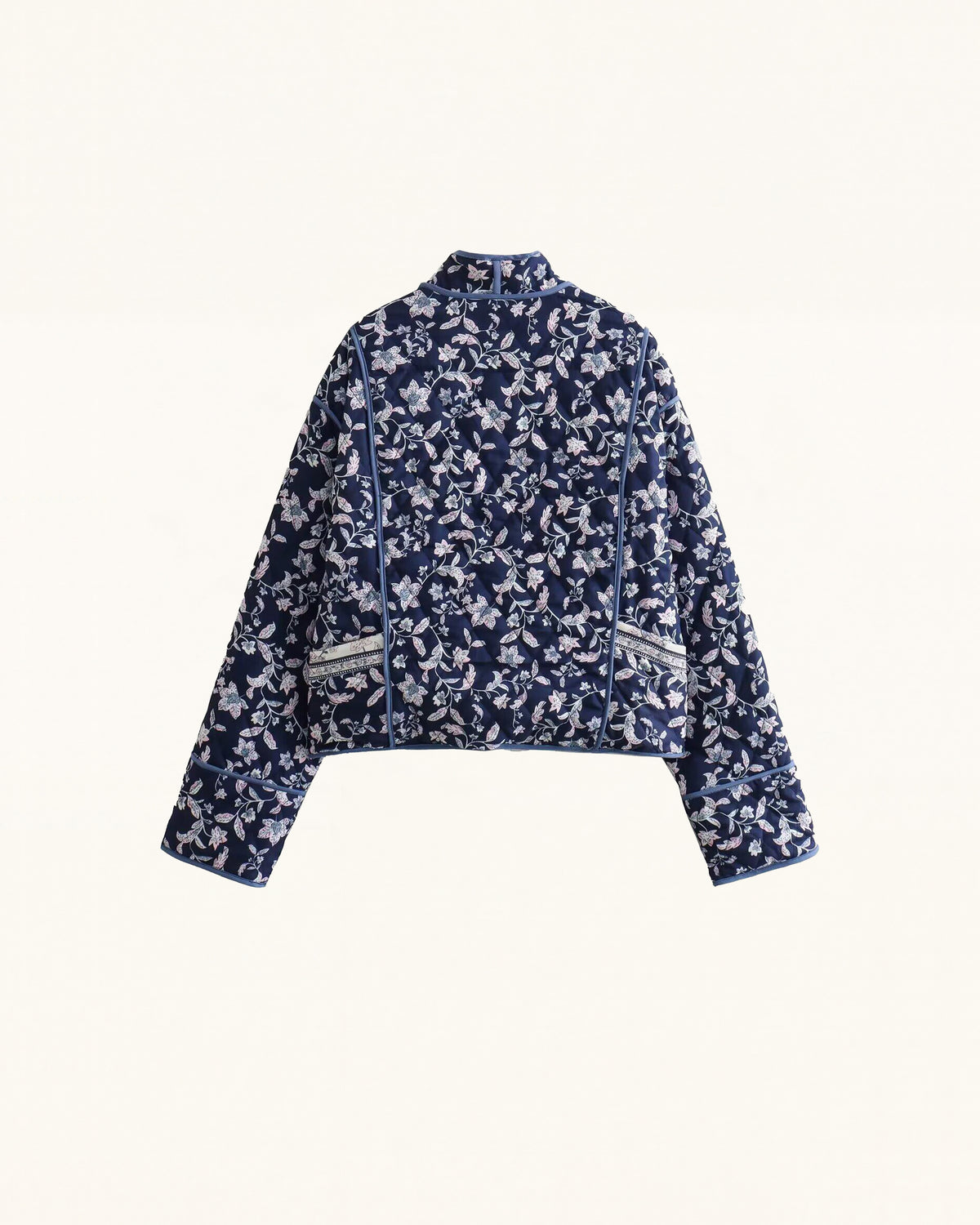 Floral Print Polyester Jacket - Navy Blue