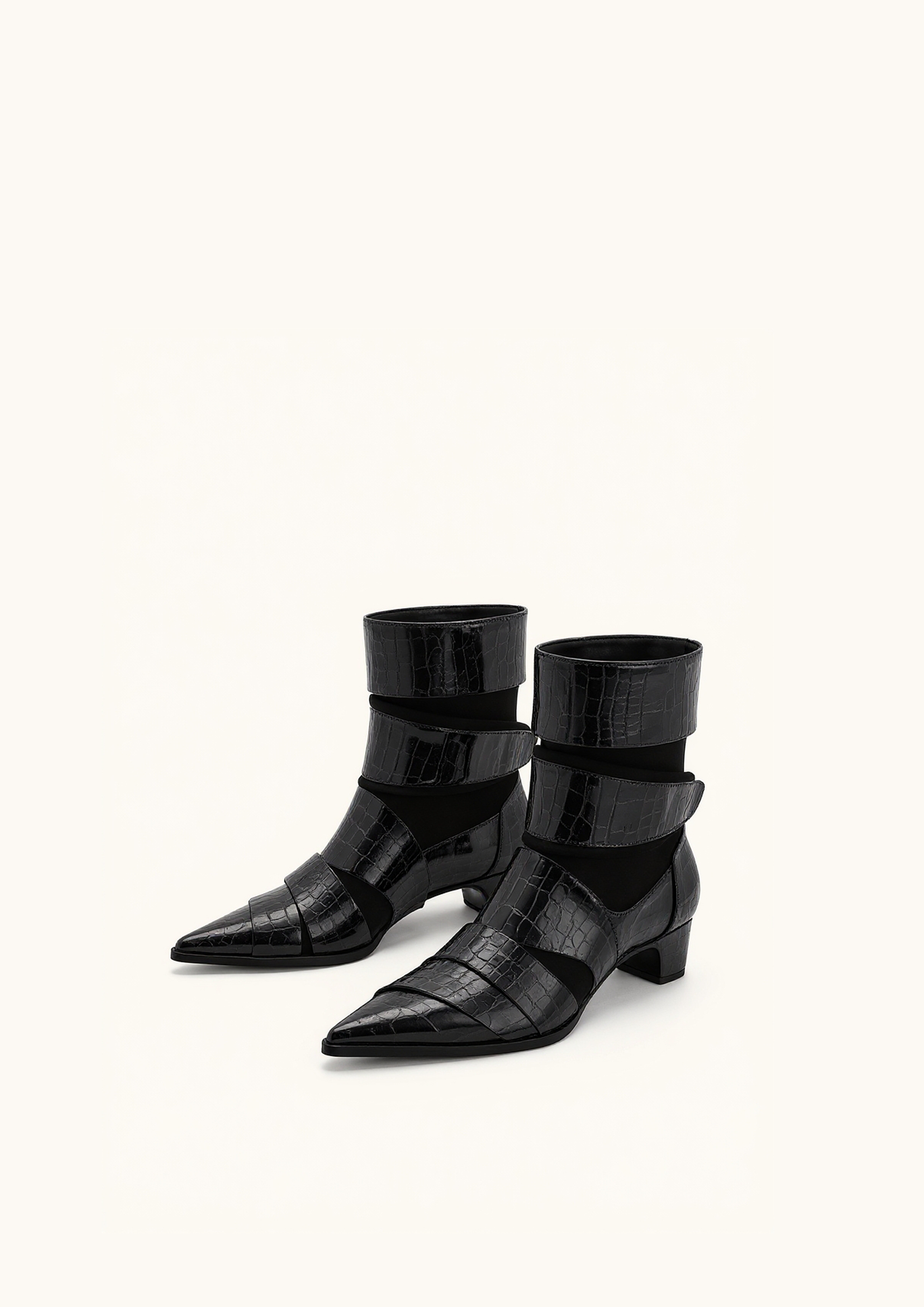 Emily Croc-Embossed Strap Ankle Boots - Black