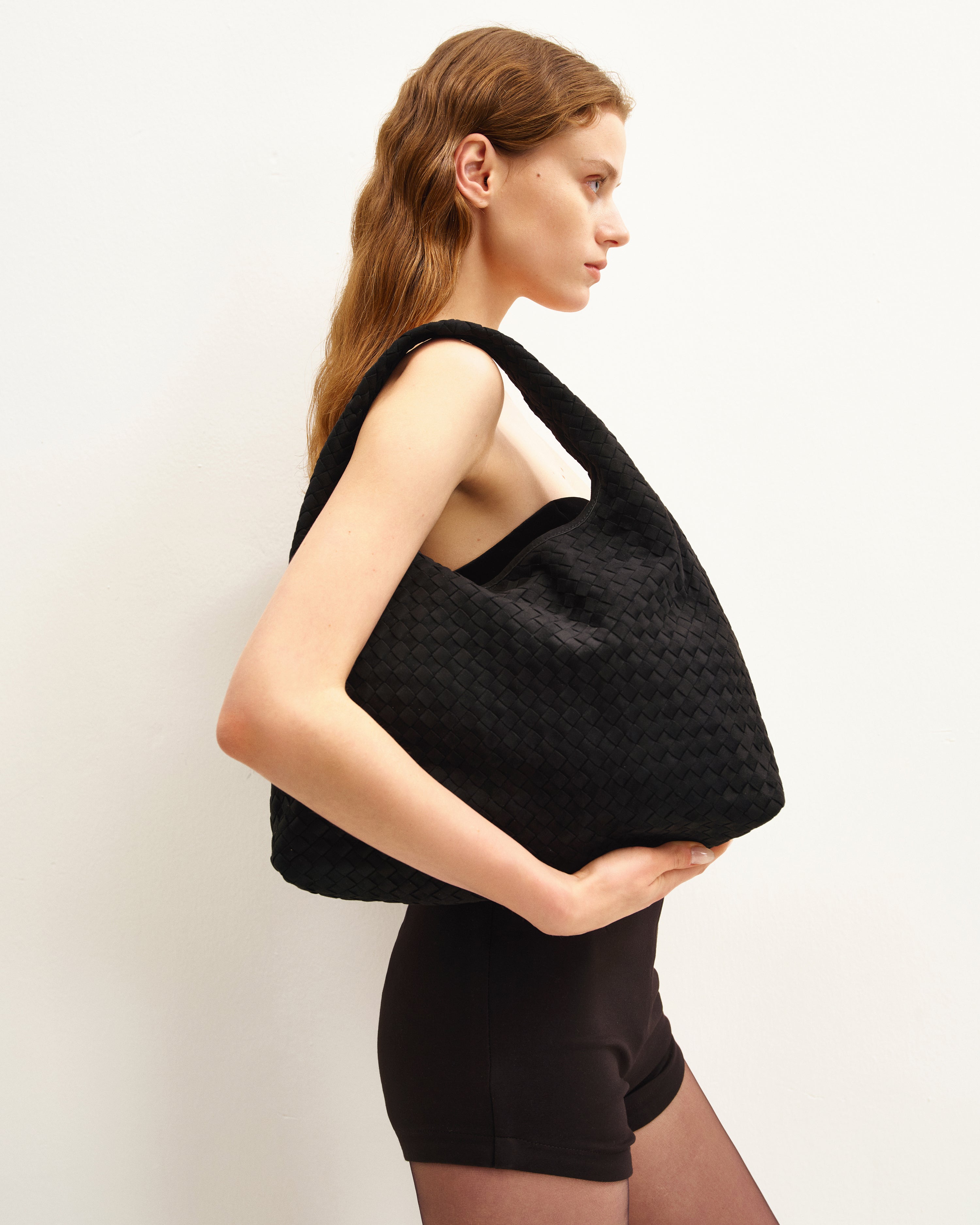 Iaura Faux Suede Woven Shoulder Bag - Black | JW PEI