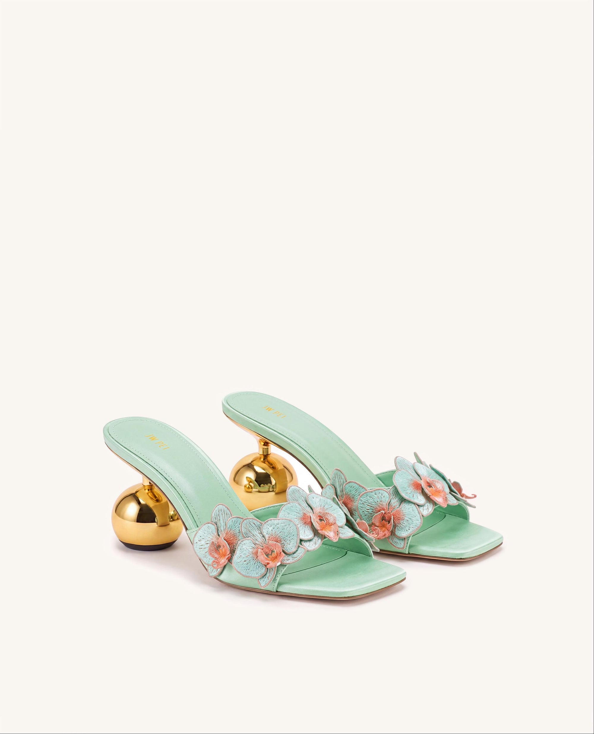 Celia Orchid Embroidered Sphere Heel Mules - Nile Green