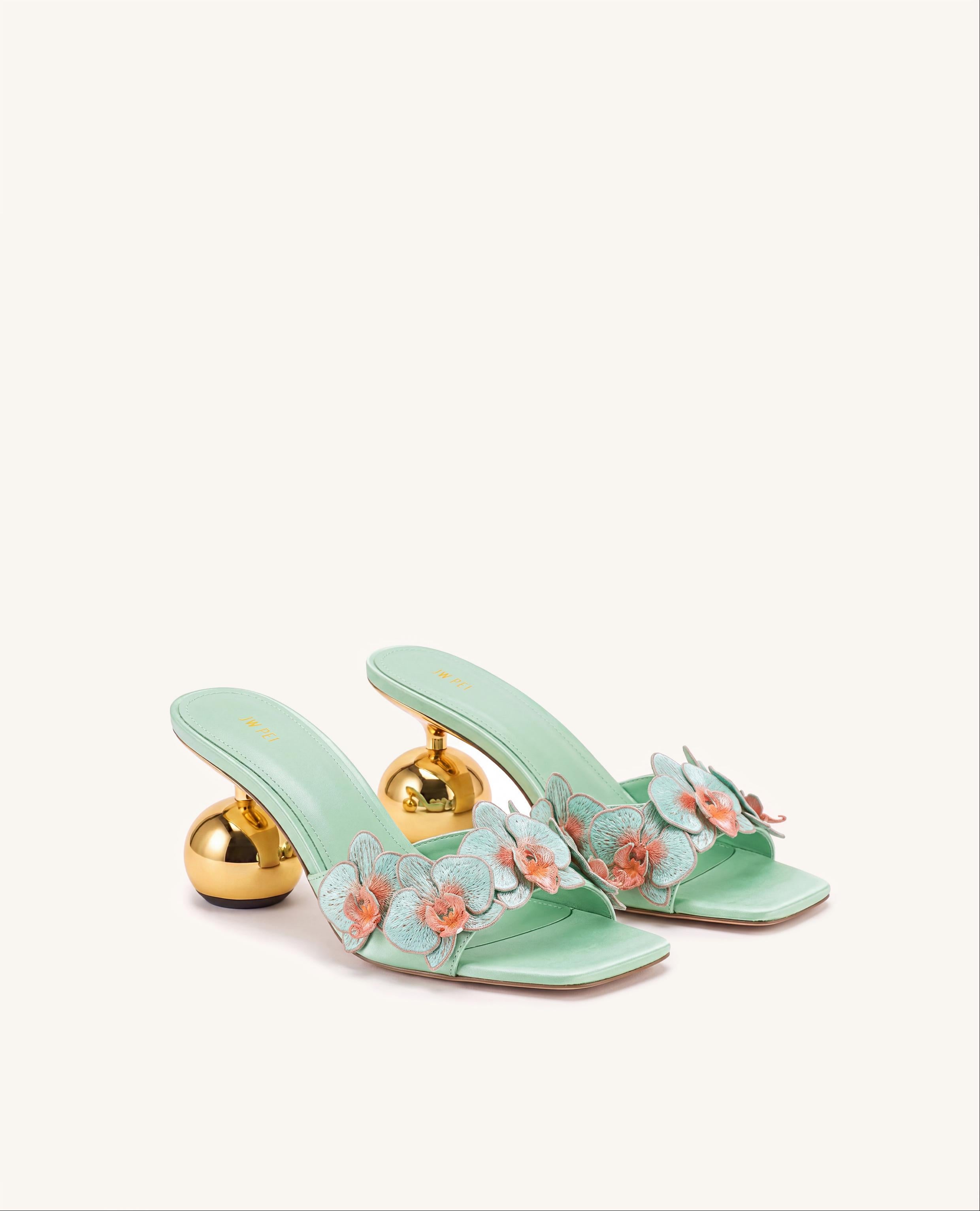 Celia Orchid Embroidered Sphere Heel Mules - Nile Green
