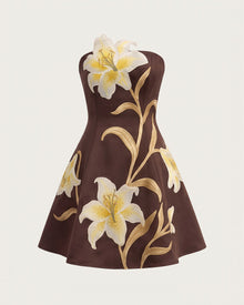 Lily Floral Print Strapless A-Line Mini Dress - Brown