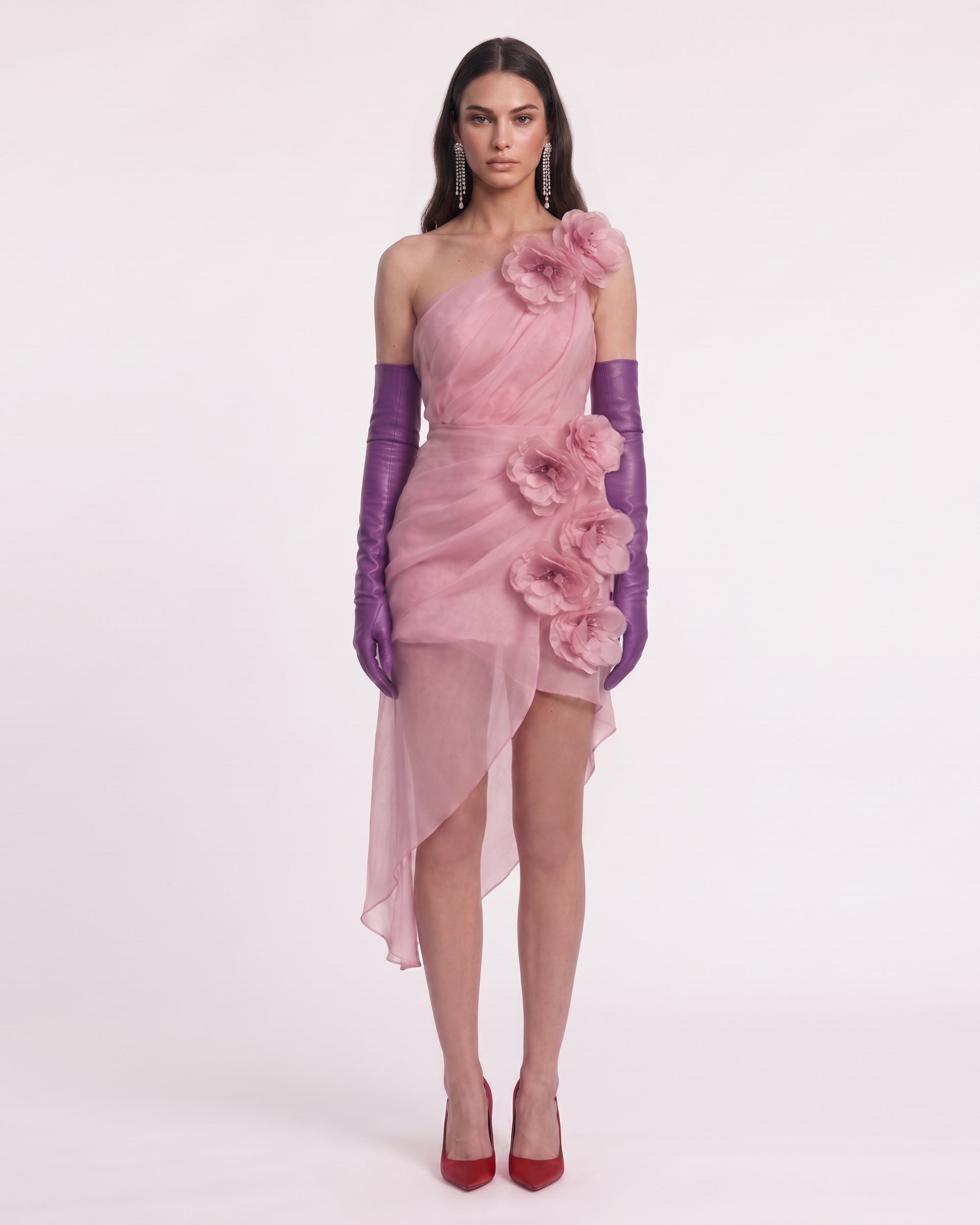 Floral One Shoulder
 Asymmetrical 
Dress - Pink