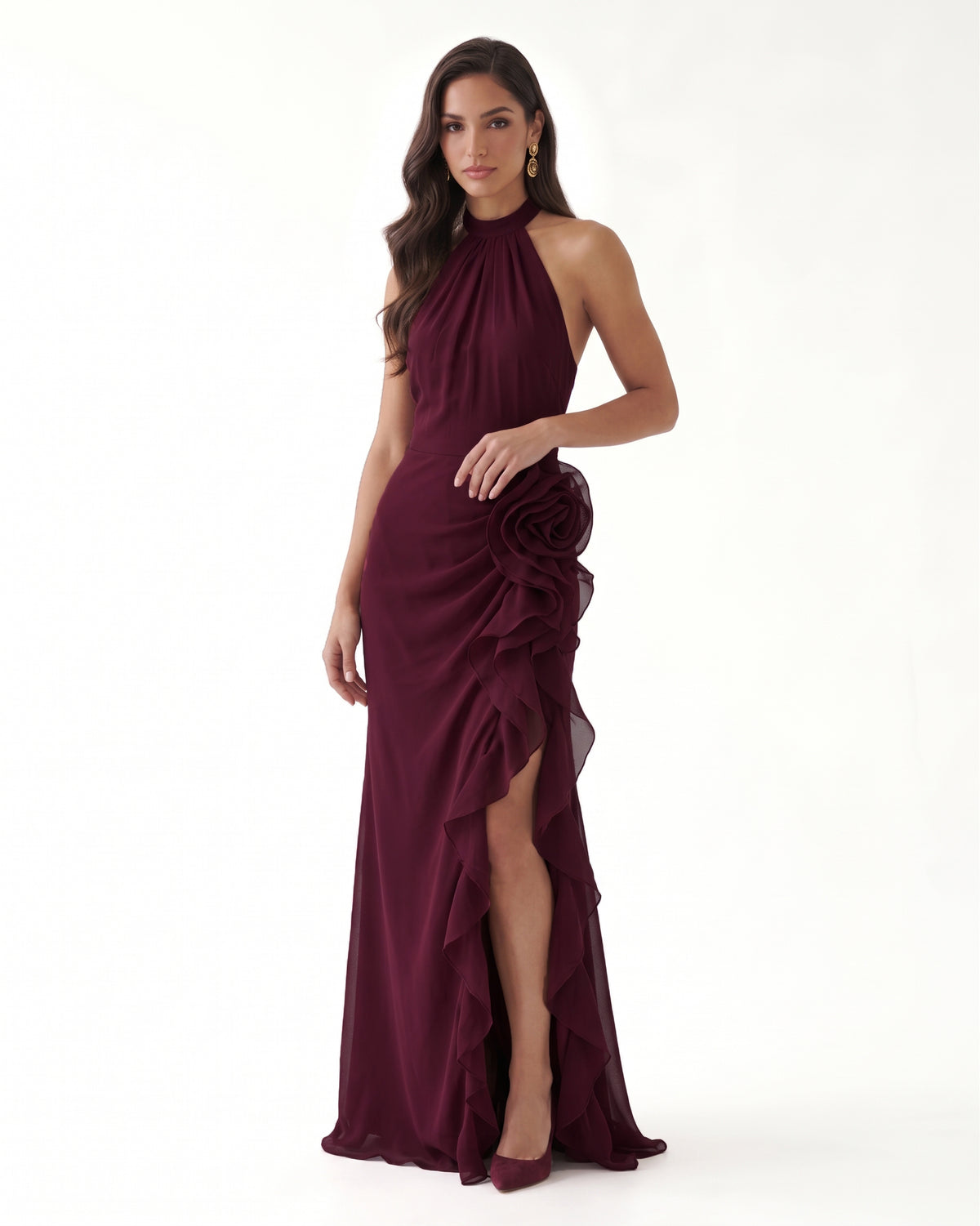 Halter Ruffle Rosette Slit Maxi Dress - Burgundy