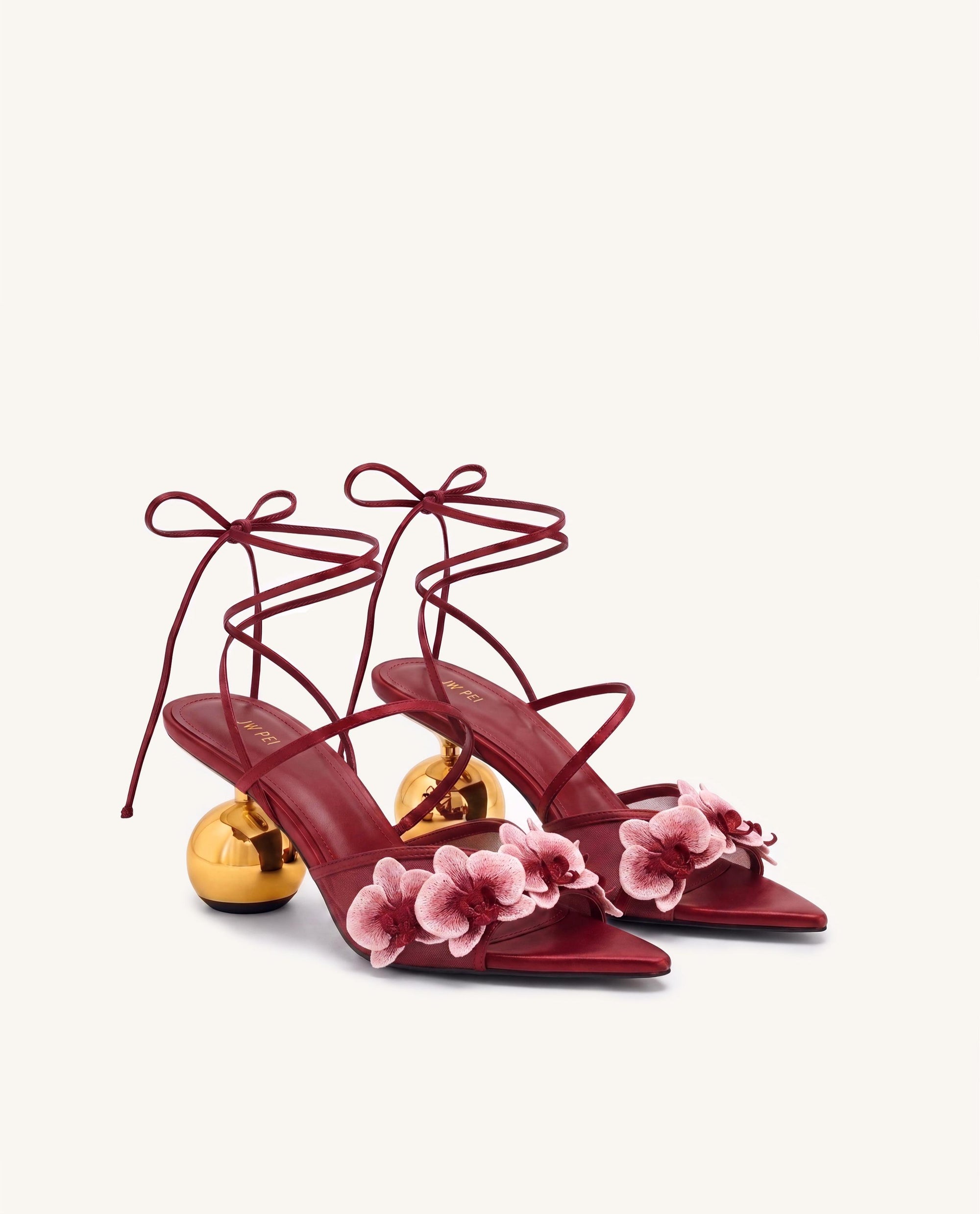 Celia Orchid Embroidered Sphere Heel Lace-Up Sandals - Burgundy