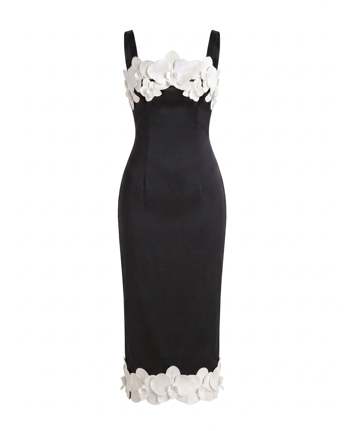 Orchid Embroidered Strappy Square Neck Midi Dress - Black