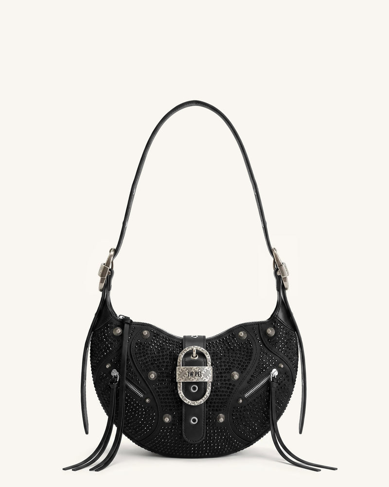 Tessa Studded Artificial Crystal Shoulder Bag - Charcoal Black