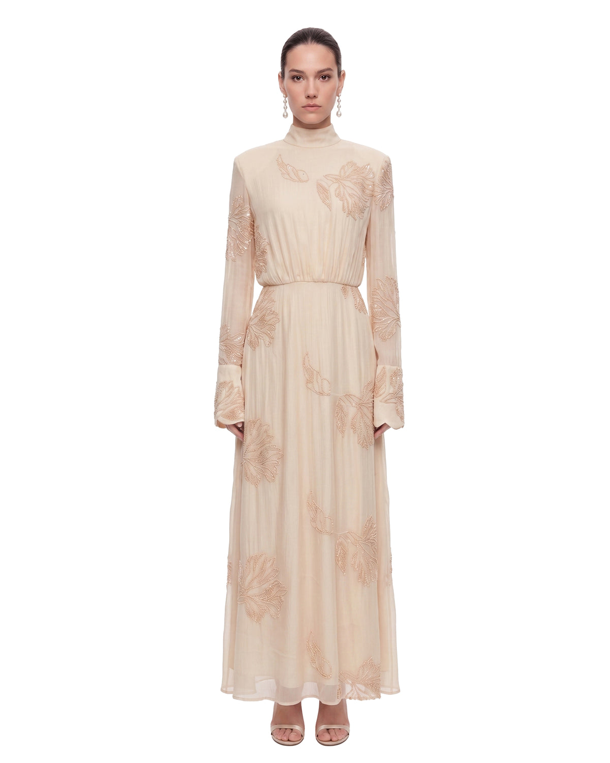 Floral Embroidered Mock-Neck Maxi Dress - Butter Cream