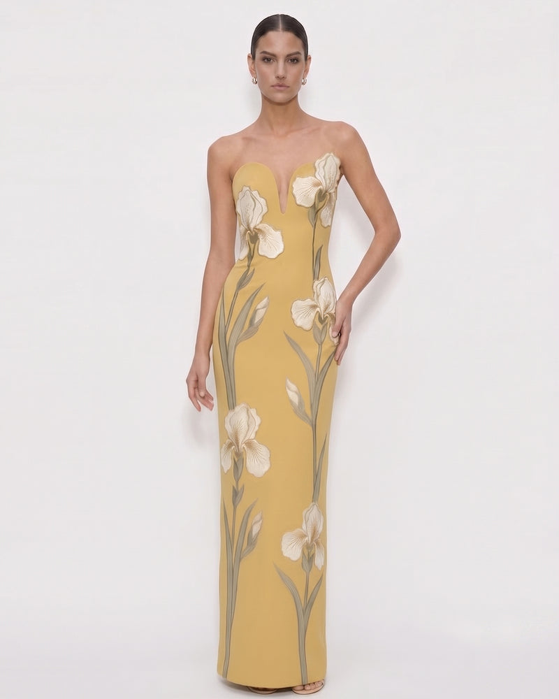 Iris Embroidered 
Notch Neck Strapless Maxi Dress
 - Mustard Yellow