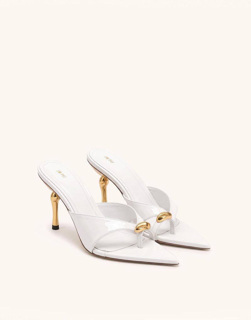 Noemi Square-Toe Metal Accent Patent Sandals - White