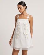 Orchid-Embellished Spaghetti Strap Mini Dress - White