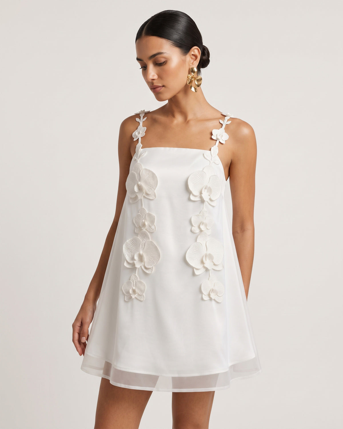 Orchid-Embellished Spaghetti Strap Mini Dress - White