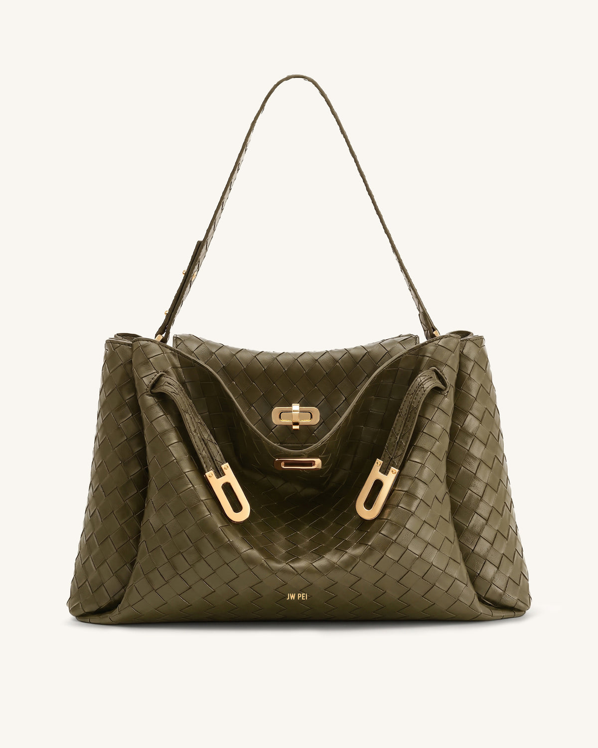 Rhea Large Woven Textured Shoulder Bag - Olive Green