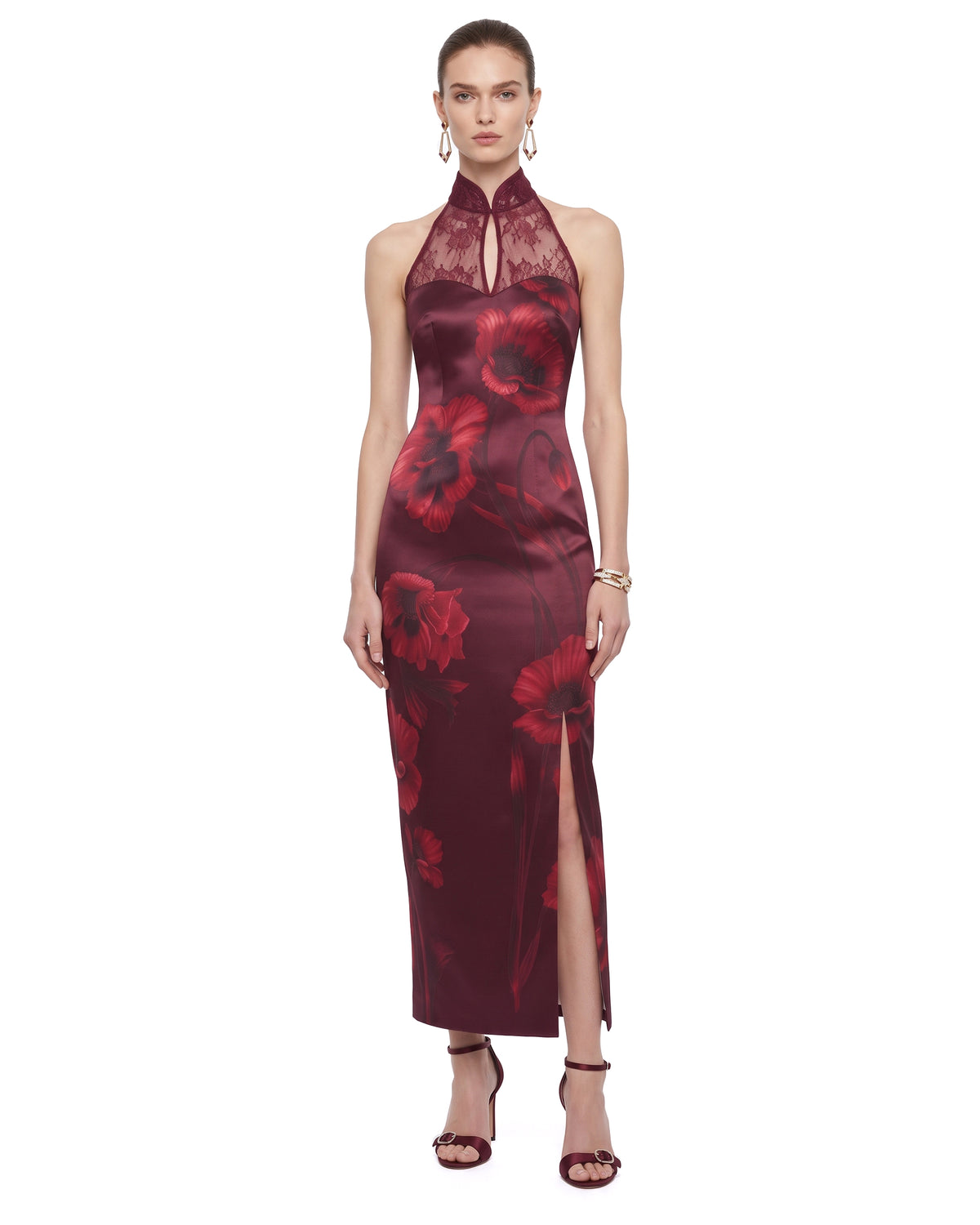 The Cheongsam-Reimagined Lace Slit Midi Dress - Burgundy