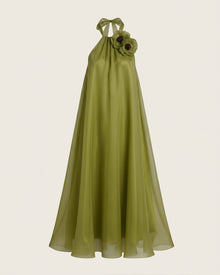Poppy Embroidered Halter Neck Detail A-Line Midi Dress - Olive Green