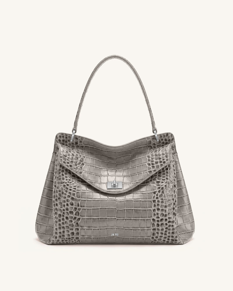 Lucia Turn-Lock Shoulder Bag - Grey Croc