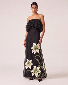 Lily Embroidered Layered Ruffle Strapless Maxi Dress - Black