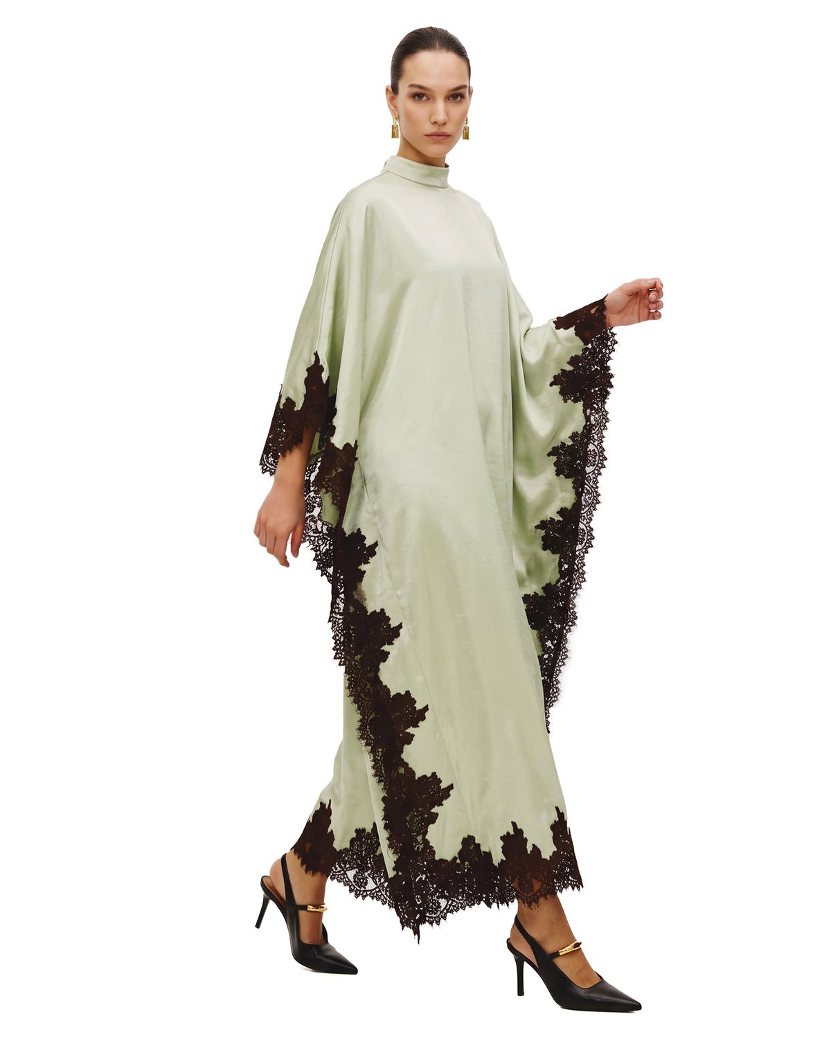 Lace-Trim Kaftan Maxi Dress - Dusty Green & Brown