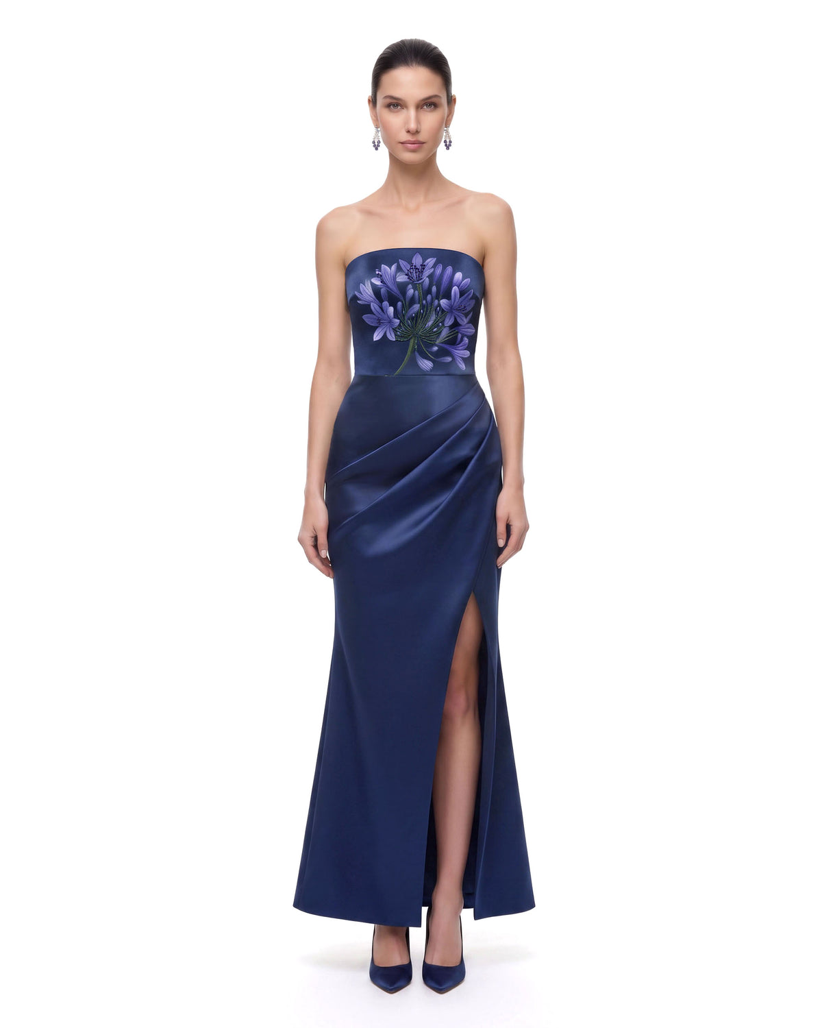 Floral Print Beaded Strapless Draped Slit Maxi Dress - Navy