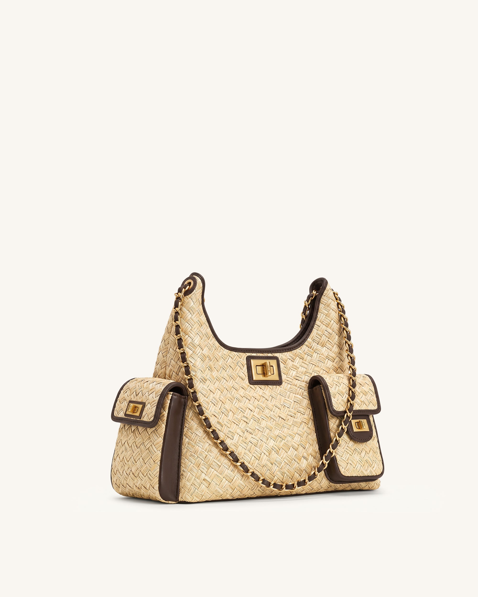 Vivian Faux Straw Chain Shoulder Bag - Chocolate Brown