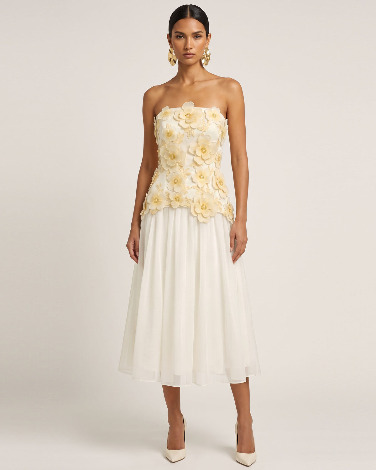 Flower Embroidered Strapless Midi Dress - Ivory