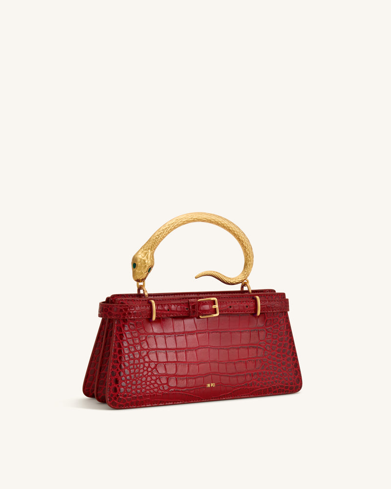 Elena Snake Handle Top Handle Bag - Burgundy Croc