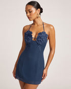 Flower Embroidered Mini Dress - Dark Blue