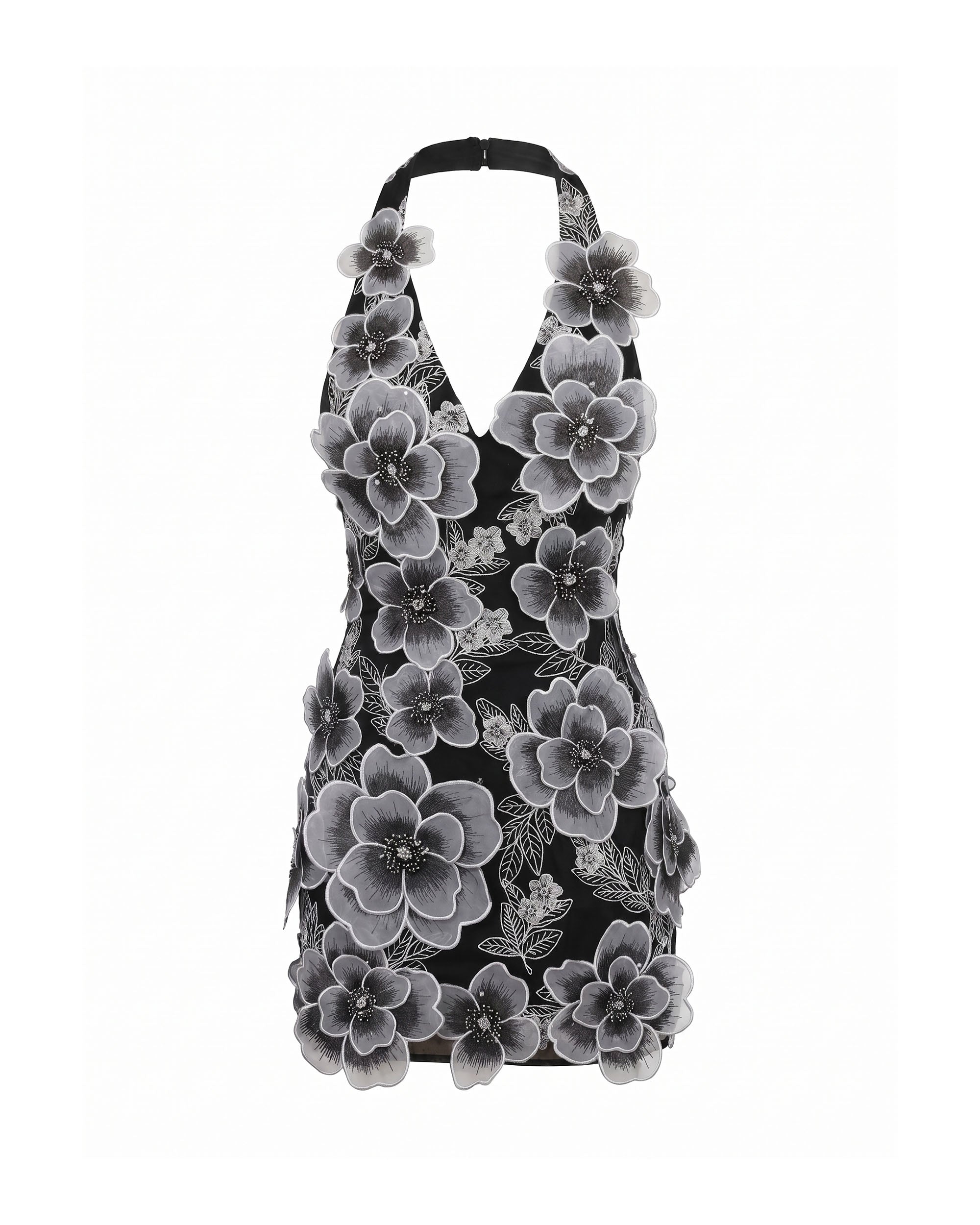 Floral Embroidered Fitted Halter Mini Dress - Black