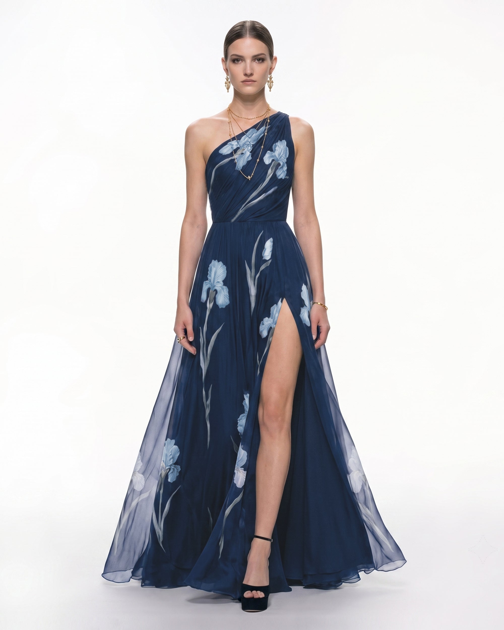 Floral One Shoulder Maxi Dress - Navy Blue