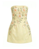 Floral Embroidered Strapless Corset Mini Dress - Light Yellow