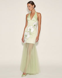 Orchid Embroidered Sheer Hem Halter Maxi Dress - Green