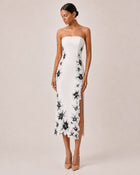 Flower Embroidered Strapless Midi Dress - White