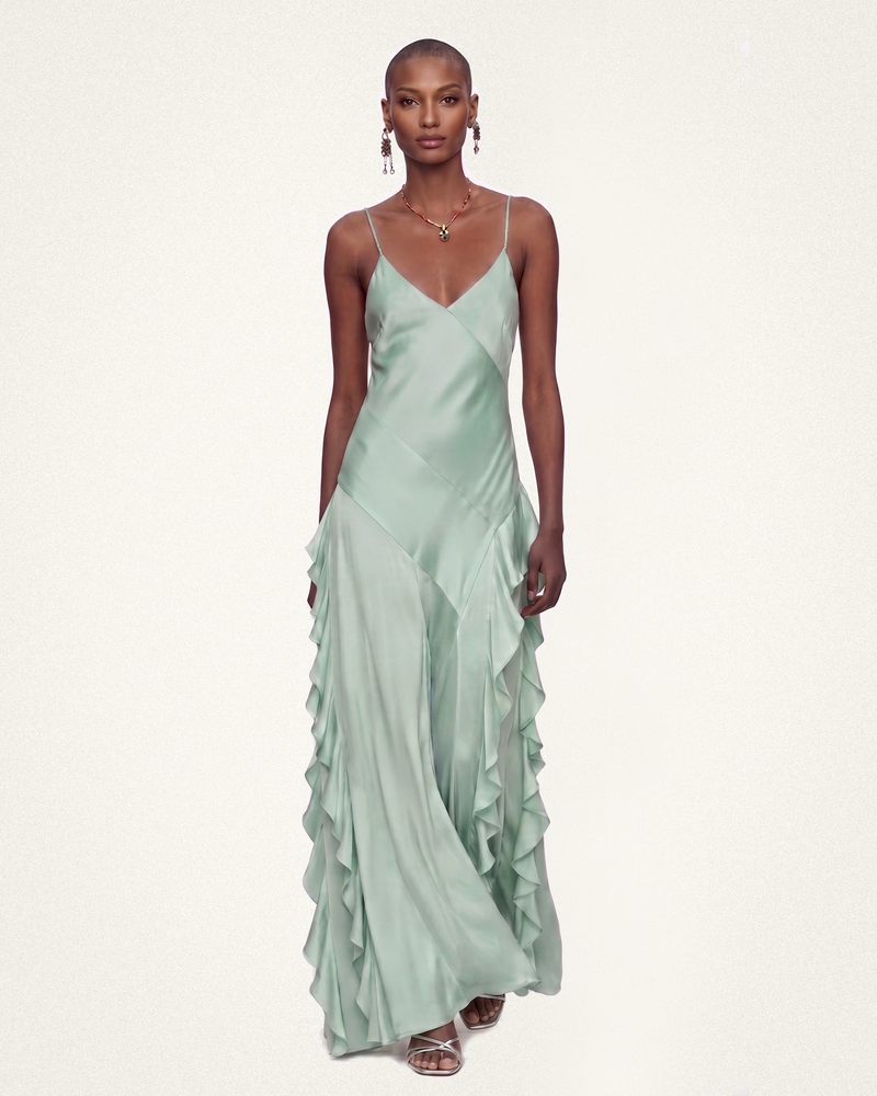 Satin Ruffle Hem Spaghetti Strap Maxi Dress - Mint Green